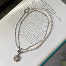 不銹鋼 淡水珍珠 OT扣項鍊x銀系小花