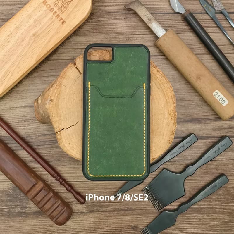 【iPhone咭位手機殼】綠色磨砂牛皮/防摔全包覆/悠遊卡套