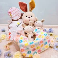 彩虹小象搖籃滿月禮/彌月禮盒/生日/新生兒/送禮/口水巾