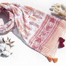 手工木刻印植物染圍巾手織圍巾 編織圍巾 草木染純綿絲巾-橘色魚