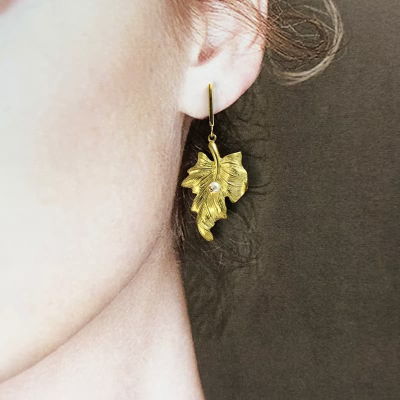 和風珍珠925純銀耳環 珍珠 日本風格 葉子 母親節禮物 耳夾耳環