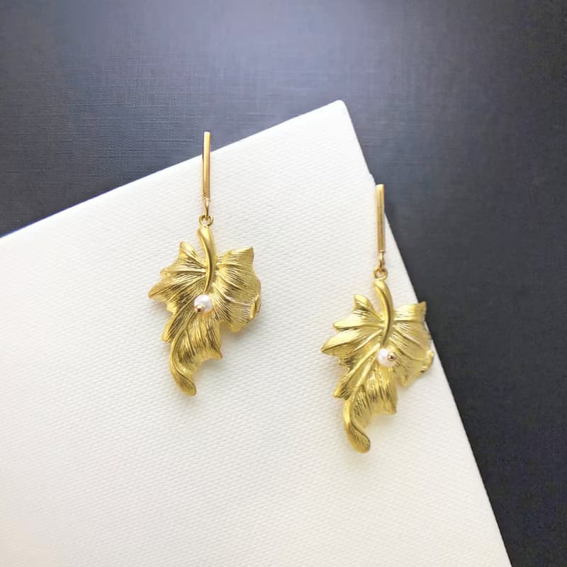 和風珍珠925純銀耳環 珍珠 日本風格 葉子 母親節禮物 耳夾耳環