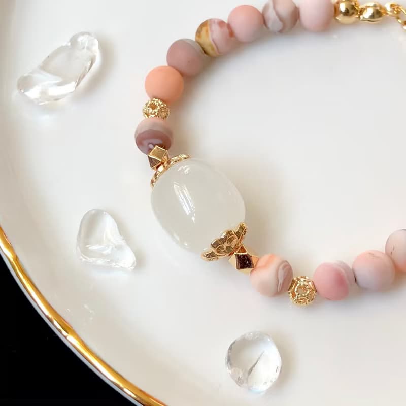 紅粉緋緋—白玉 波斯灣瑪瑙 14k包金 天然水晶手鍊