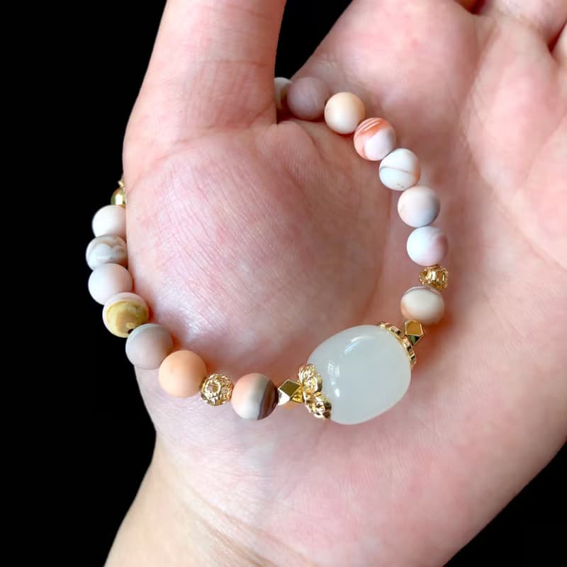 紅粉緋緋—白玉 波斯灣瑪瑙 14k包金 天然水晶手鍊