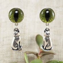 Olive Green Glass Cat Eye Evil Eye Silver Cat Kitten Protection Earrings Jewelry