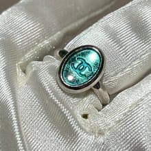 Chanel稀有綠色橢圓銀色中古戒指 絨面首飾盒 情人節禮物