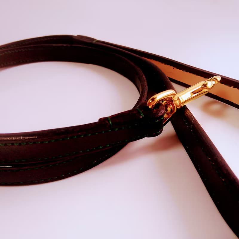 本革ー手縫いー犬のリードーチョコレートーグリーン糸