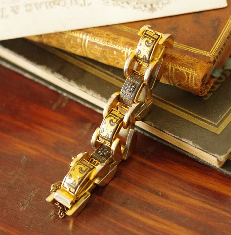 老又好古董珠寶 西班牙大馬士革黑金琺瑯手鍊BR239