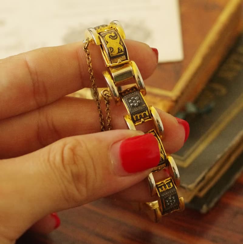 老又好古董珠寶 西班牙大馬士革黑金琺瑯手鍊BR239