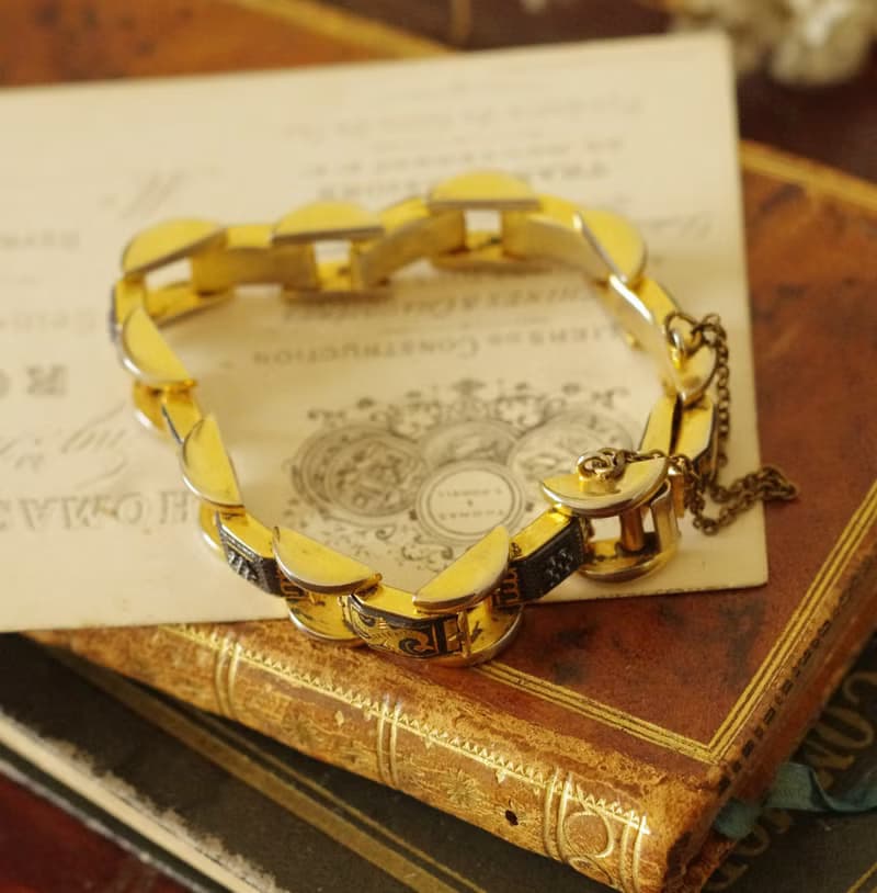 老又好古董珠寶 西班牙大馬士革黑金琺瑯手鍊BR239