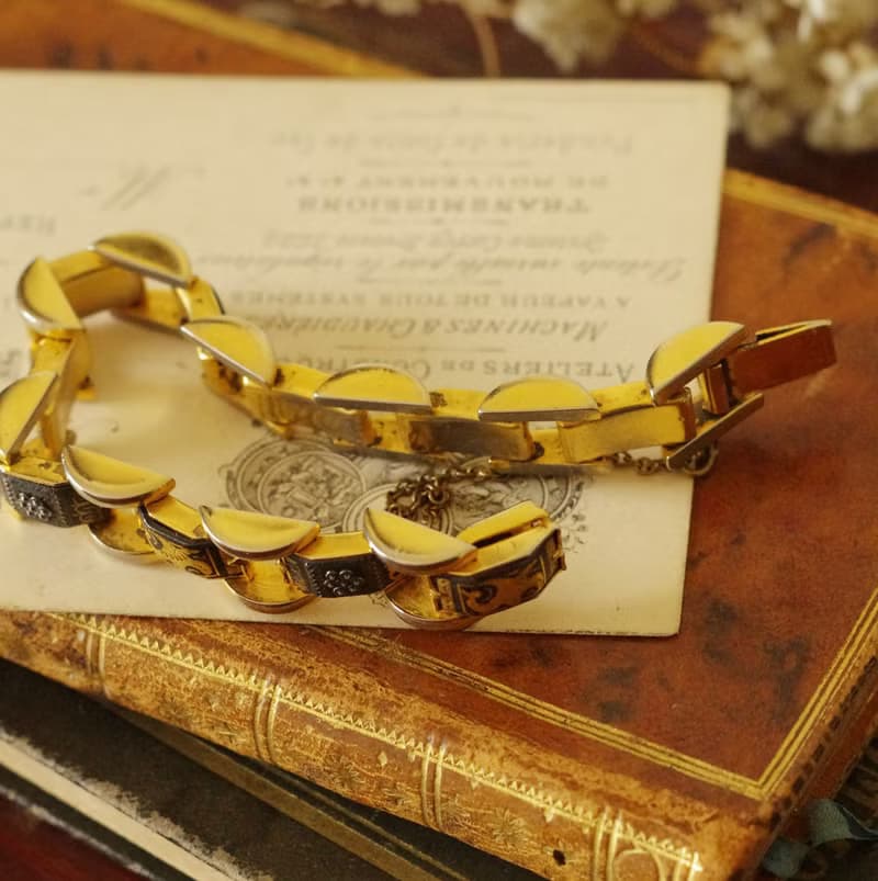 老又好古董珠寶 西班牙大馬士革黑金琺瑯手鍊BR239