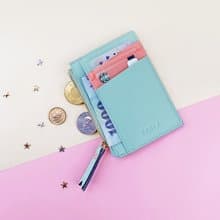 Mint Blue & Coral Pink: Zipped Card Purse / Cow Leather