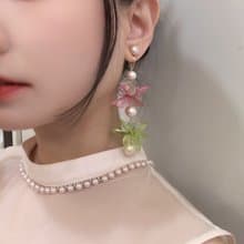 小華麗大花花 垂墜耳環 貼耳式耳環 不對稱設計 耳夾 耳針