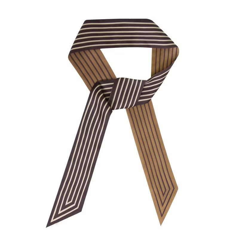 retar 深棕淺咖條紋緞帶式長條絲巾復古髮帶腰帶桑蠶絲真絲圍巾