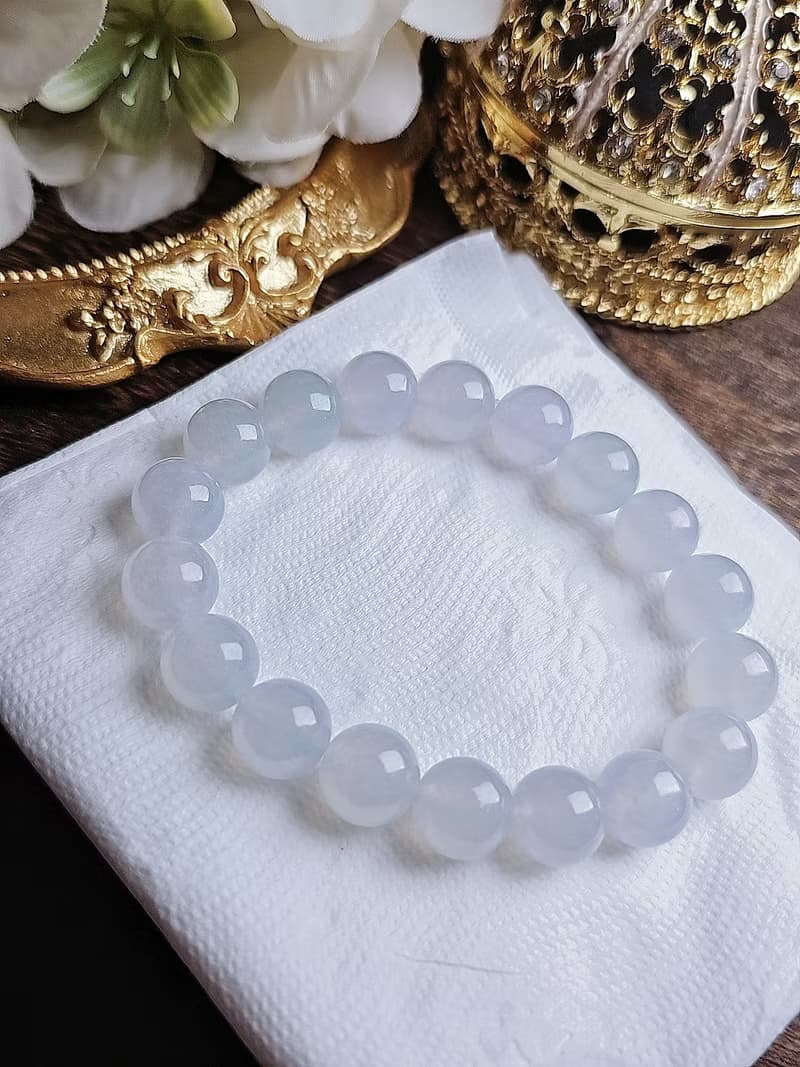 貴人•招財•收藏|仙氣冰膠淡藍紫大卡珠手串|緬甸A貨翡翠