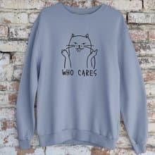 Who Cares Cat #2 中性大學T 刷毛 藍灰色 貓毛小孩聖誕交換禮物