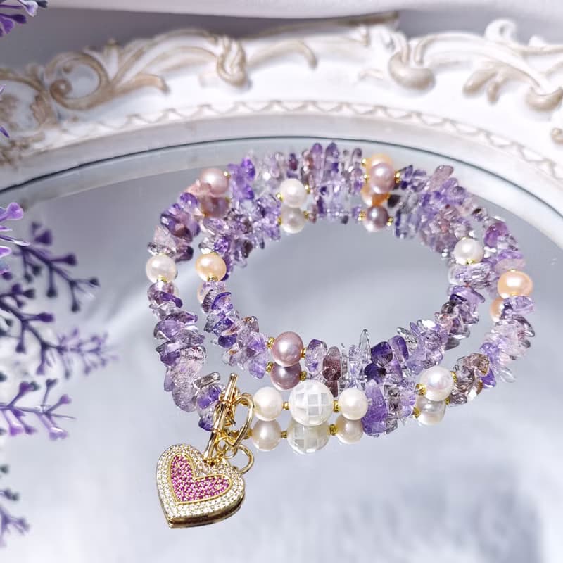 頂級超七水晶 隨型石 清透 七脈輪 珍珠螺鈿 3圈手鍊項鍊2用 禮物