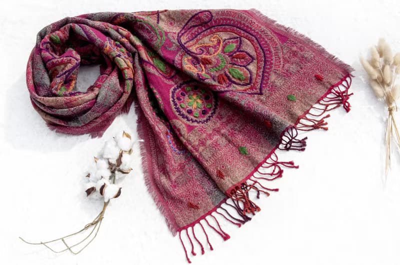 花朵圍巾 禦寒 保暖 露營必備 野餐布 羊毛蓋毯 刺繡羊毛披肩/針織蓋毯/羊絨披巾/喀什米爾Cashmere 聖誕禮-花