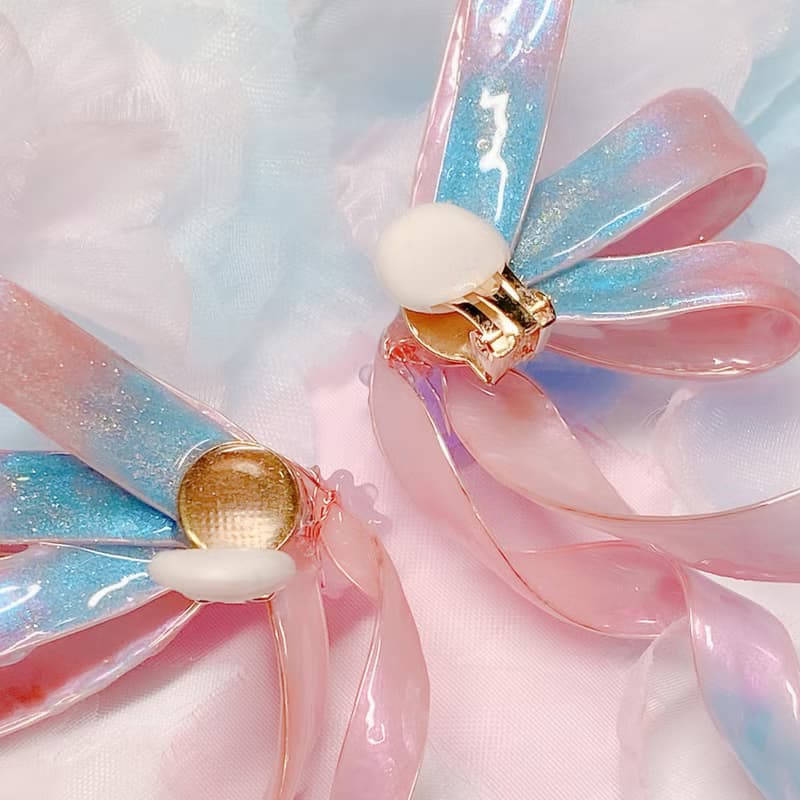 水晶緞帶蝴蝶結 全手工製作 *看敘述* 不對稱療癒系耳環 耳夾SS23
