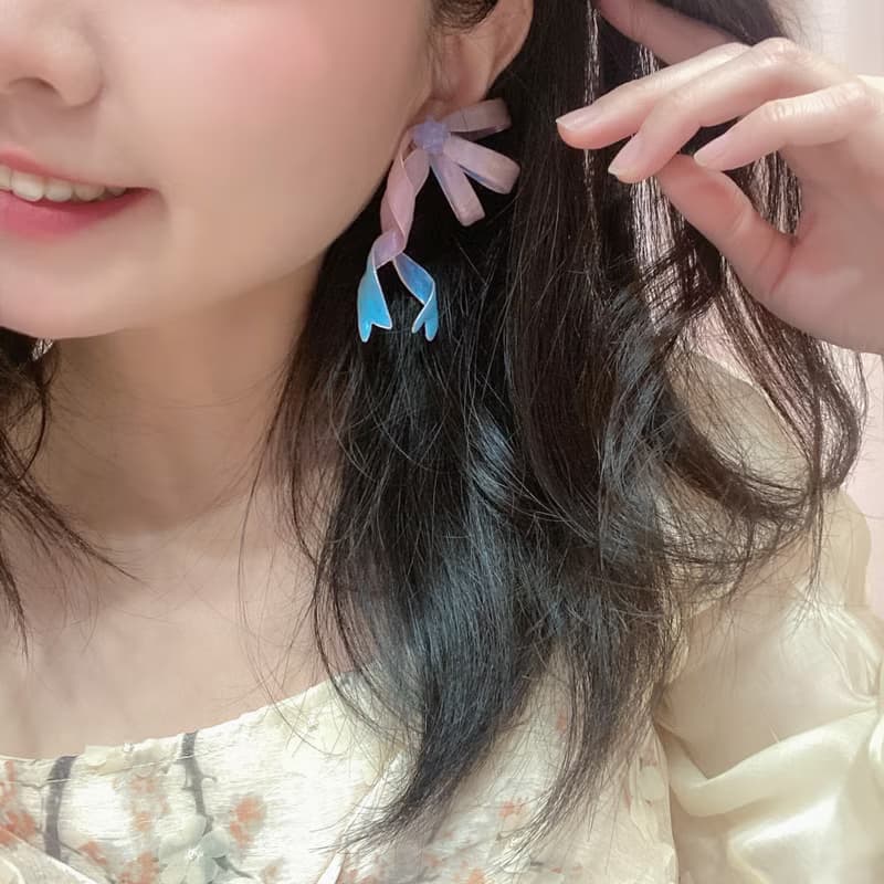 水晶緞帶蝴蝶結 全手工製作 *看敘述* 不對稱療癒系耳環 耳夾SS23