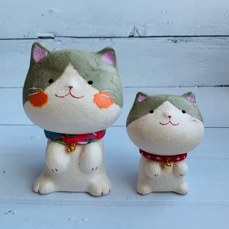 幸福多良福貓-迷你尺寸-和紙灰色貓 招財貓