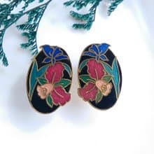 【西洋古董飾品 】景泰藍 黑底 橢圓 百合花卉 夾式耳環