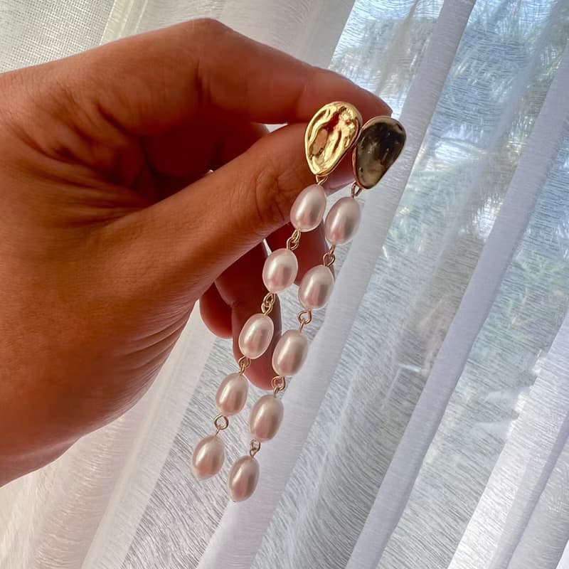 淚光流影天然珍珠垂墜流蘇款長耳環