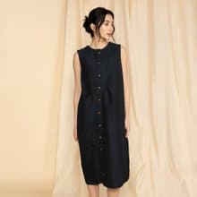 手織布_庭園小徑無袖繭型洋裝_墨塘