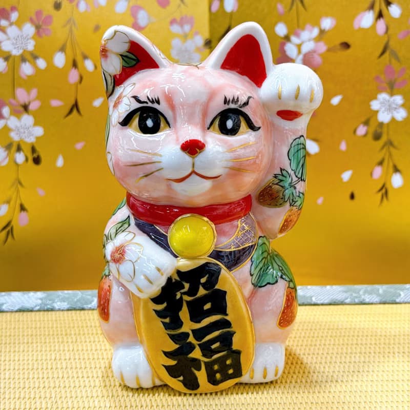 【莓櫻綻福】日本清水燒招財貓 | 粉地櫻莓