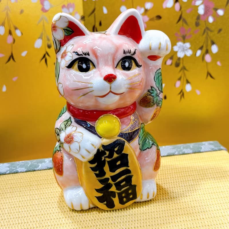 【莓櫻綻福】日本清水燒招財貓 | 粉地櫻莓
