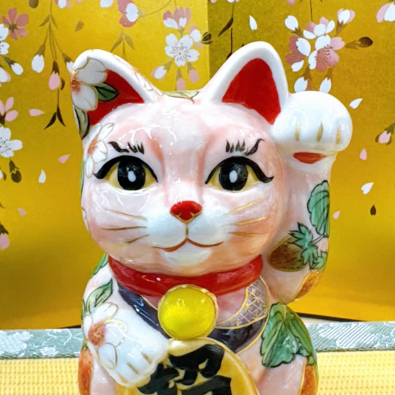 【莓櫻綻福】日本清水燒招財貓 | 粉地櫻莓