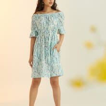 甜果子腰繫帶印花洋裝(藍)