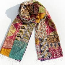 手縫紗麗布拼接絲巾/刺繡絲巾/刺繡圍巾/手縫紗麗線絲巾-南歐風