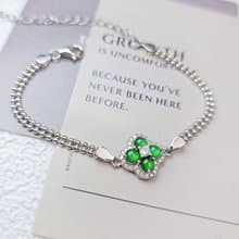 |幸運草|A貨翡翠冰玻放光陽綠蛋面純銀鍍18k四葉草雙層圓珠手鏈