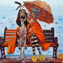 Woman and Dog Painting Original Art Small  Oil Painting on Cardboard