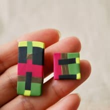 四角長四角アシメピアス　ピンク・グリーン・黒