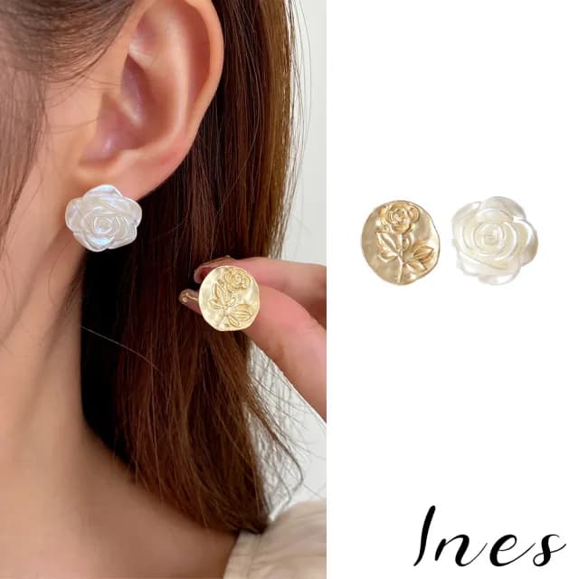 【INES】韓國設計S925銀針法式復古不對稱立體花朵造型耳環(S925銀針耳環 不對稱耳環 花朵耳環)