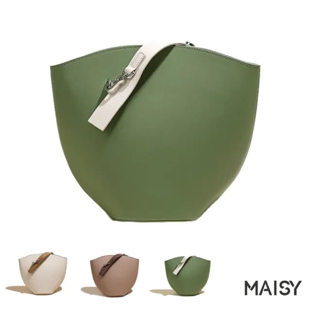 【MAISY】情人節禮物 真皮時尚設計簡約水桶包(真皮包包 現+預  卡其色／綠色／米色)