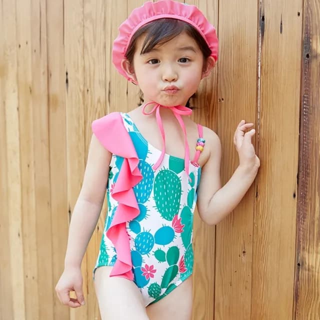【Baby 童衣】女童仙人掌印花斜肩泳裝 附泳帽花邊造型泳裝 88878(共一款)