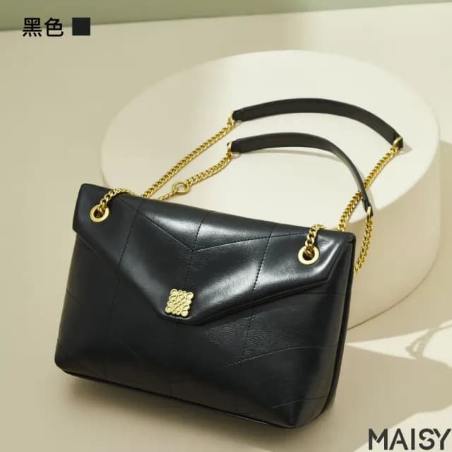 【MAISY】情人節禮物 經典百搭真皮鍊條郵差包(真皮包包 現+預  綠色／白色／黑色／米色)