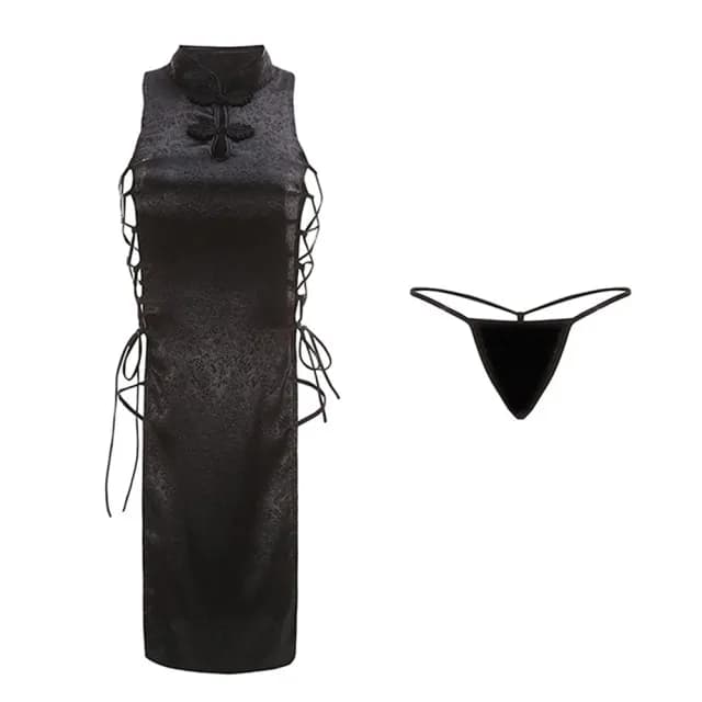 【Sexy baby】A1114性感綁帶復古側高開衩絲滑誘惑激情挑逗情趣內衣旗袍連身裙性感睡衣(Cosplay 情人節禮物)