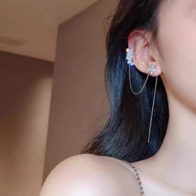 【bibi】水晶花朵流蘇耳釘耳骨夾女新款潮長款耳環網紅氣質簡約耳環