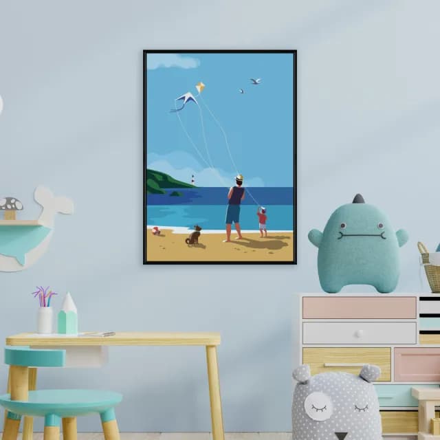 【菠蘿選畫所】與你一起放風箏- 42x60cm(沙攤插畫掛畫/父親節禮物/度假風/兒童房掛畫)