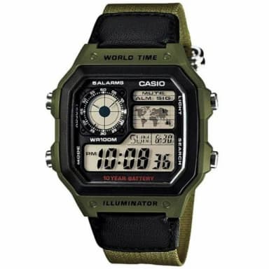 【CASIO 卡西歐】10年電力 多功能軍風電子錶-軍綠 送禮 禮物 推薦(AE-1200WHB-3B)