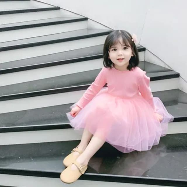 【橘魔法】直條紋路木耳邊澎澎紗裙洋裝(連身洋裝 澎澎裙 蓬蓬裙 中童 童裝 女童)