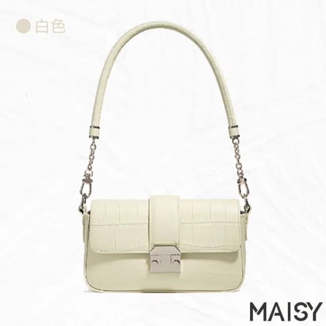 【MAISY】情人節禮物 質感鏈條鱷魚紋真皮單肩斜背包(真皮包包 現+預  白 / 灰 / 棕 / 咖啡)
