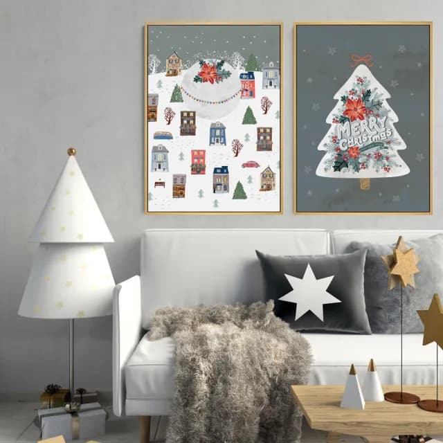 【菠蘿選畫所】聖誕夜的那場雪 - 42x60cm(可愛雪中小鎮聖誕掛畫/交換禮物/兒童臥房裝飾)