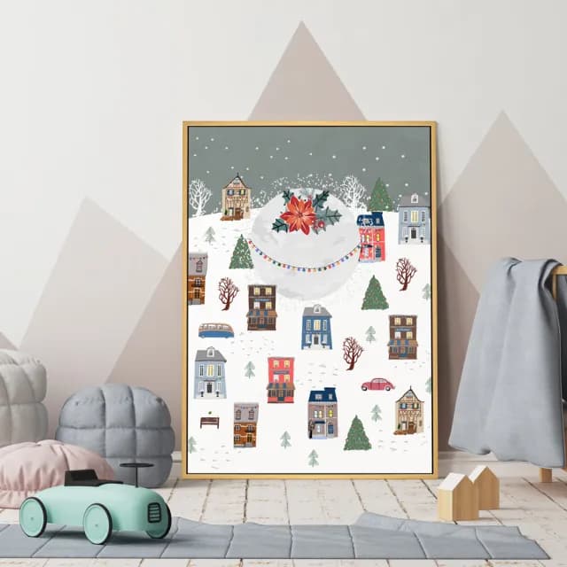 【菠蘿選畫所】聖誕夜的那場雪-50x70cm(可愛雪中小鎮聖誕掛畫/交換禮物/兒童臥房裝飾)