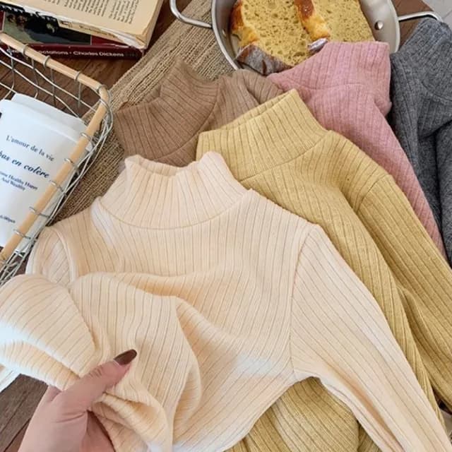 【橘魔法】混色紡織直條紋半高領長袖上衣(打底衫 內搭衣 童裝 兒童 女童 中童 針織 毛衣 保暖)