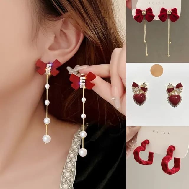 【Emi 艾迷】聖誕節 紅色系完美絨感蝴蝶結珍珠愛心 925銀針耳環(聖誕禮物 交換禮物)